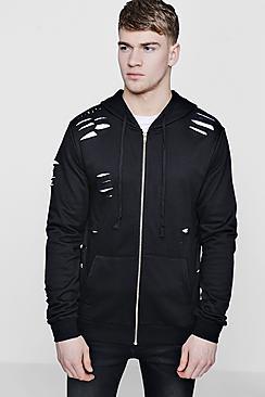Boohoo Distressed Zip Through Hoodie