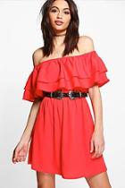 Boohoo Timi Double Frill Off Shoulder Shift Dress
