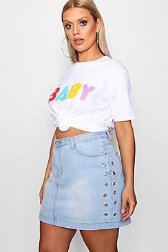 Boohoo Plus Jemima Eyelet Detail Denim Mini Skirt