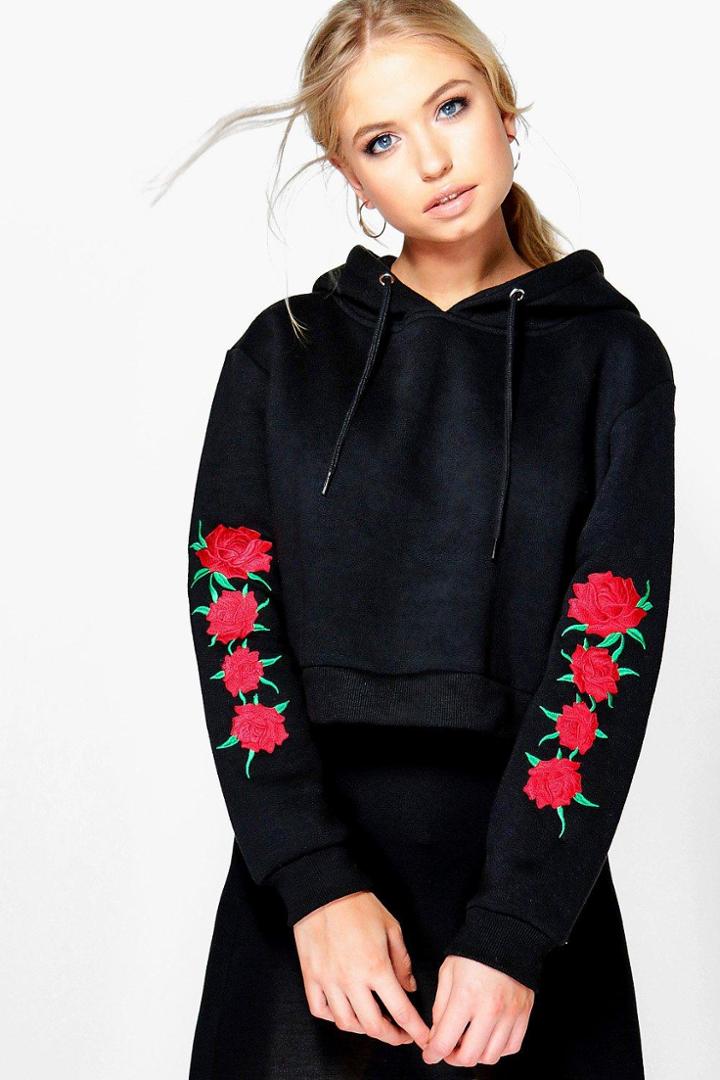 Boohoo Helen Embroidered Sleeve Hoody Black
