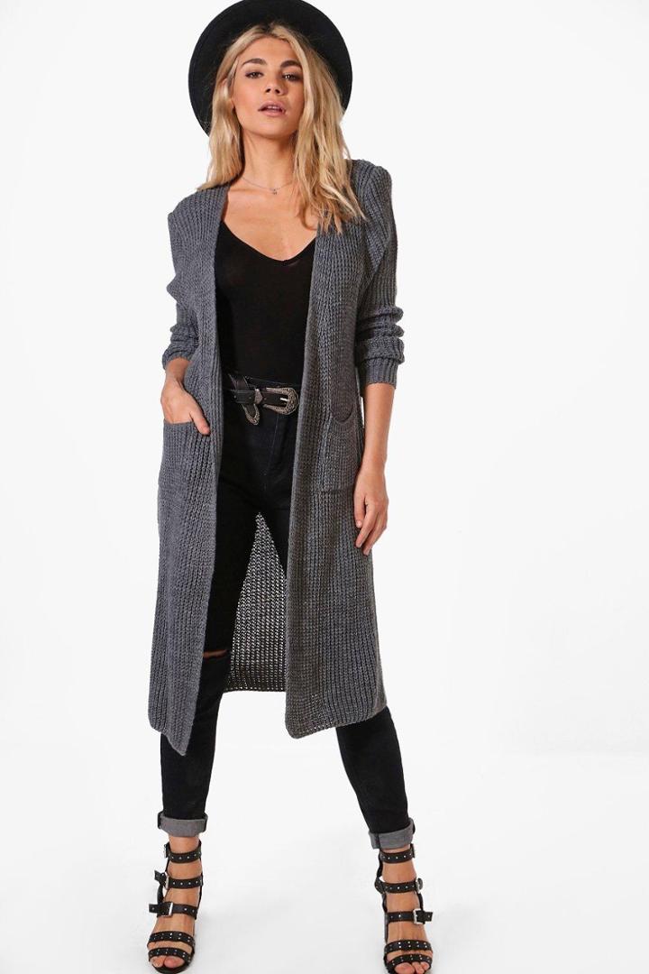 Boohoo Camilla Side Split Maxi Cardigan Grey
