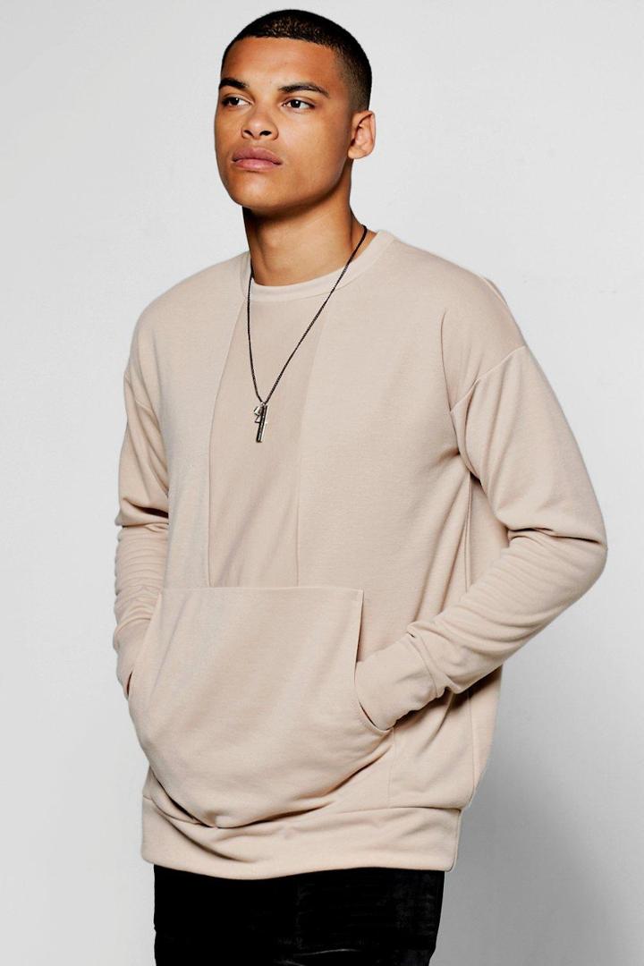 Boohoo Oversized Reverse Panel Sweatshirt Kangaroo Pocket Sand