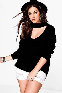 Boohoo Plus Belinda V Neck Choker Detail Jumper