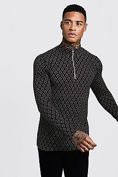 Boohoo Half Zip Jacquard Muscle Fit Jumper