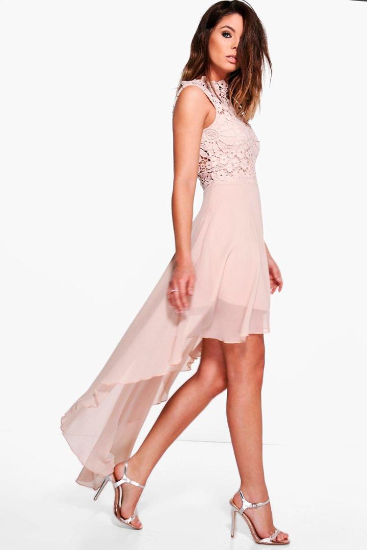 Boohoo Boutique Ruby Lace Top Chiffon Dip Hem Dress Blush
