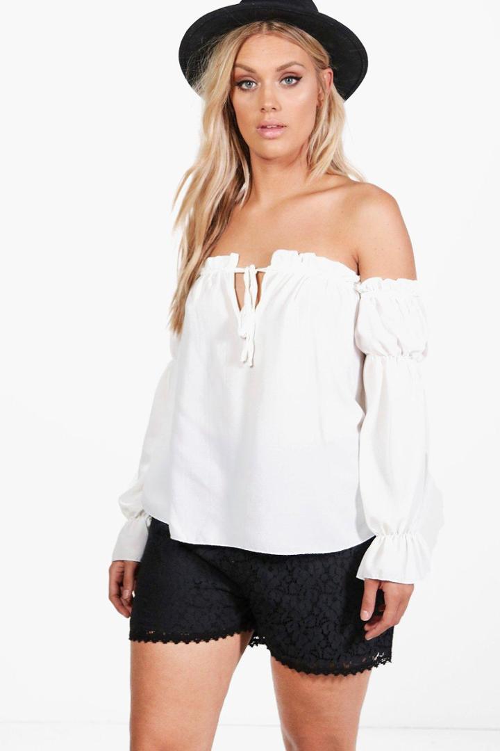 Boohoo Plus Marissa Ruffle Detail Off The Shoulder Top Ivory
