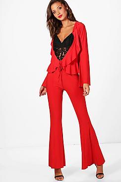 Boohoo Tall Rio Ruffle Top And Wide Leg Trouser