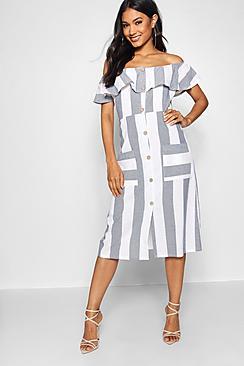 Boohoo Off The Shoulder Wide Stripe Midi Dress