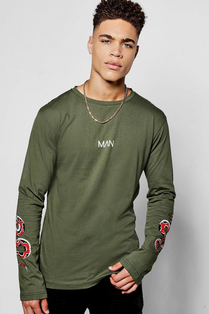 Boohoo Long Sleeve Snake Sleeve Print T Shirt Khaki