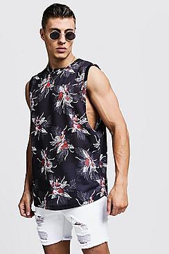 Boohoo Hawaiian Oversized Drop Armhole Tank With Curved Hem