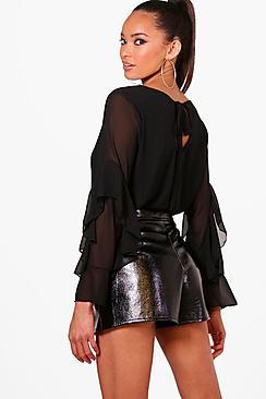 Boohoo Rebecca Ruffle Sleeve Bow Back Blouse