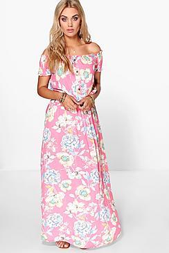 Boohoo Plus Floral Off The Shoulder Maxi Dress