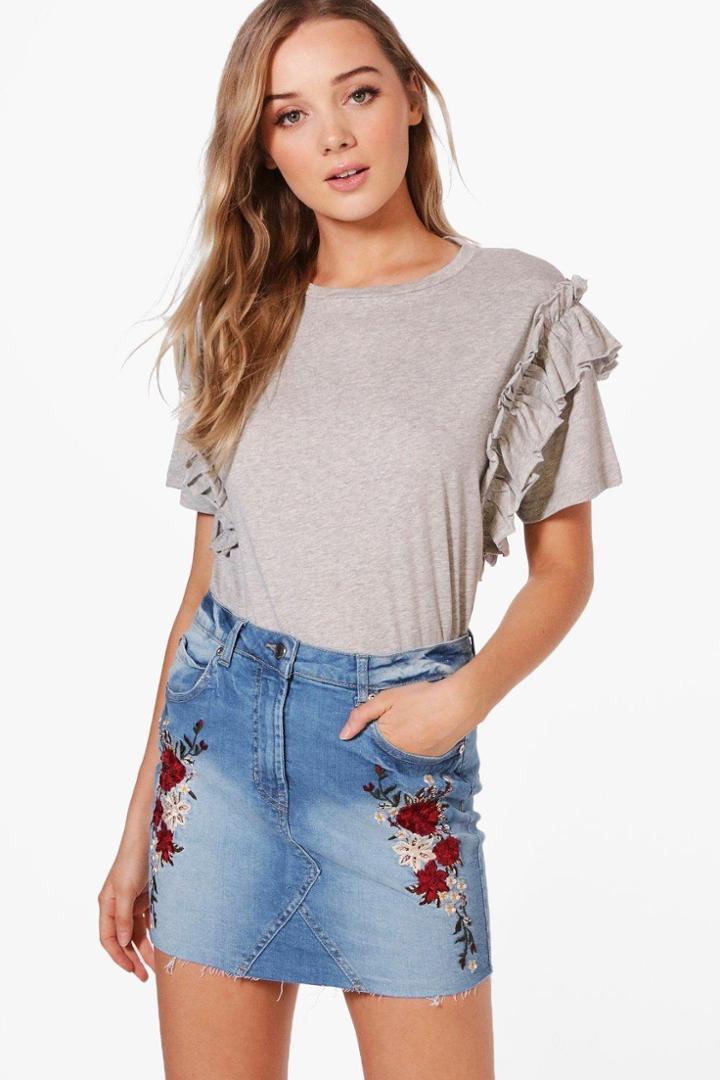 Boohoo Peggy Embroidered Denim Mini Skirt Blue