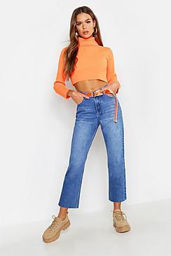 Boohoo High Rise Raw Hem Straight Leg Jeans