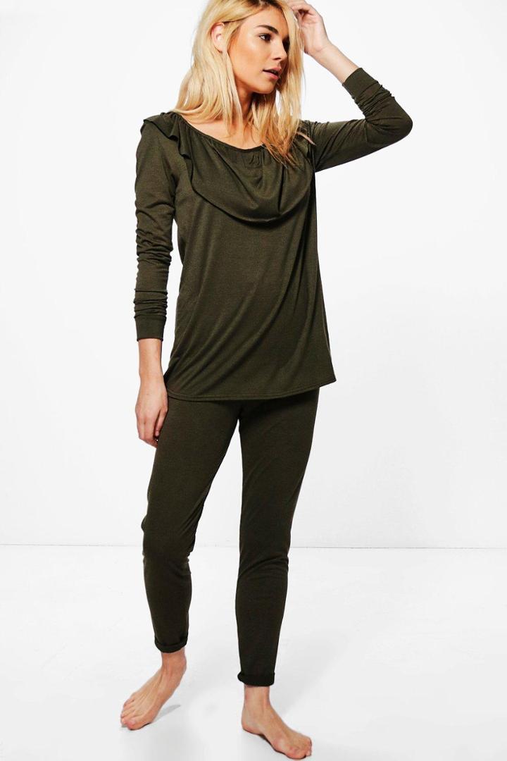 Boohoo Pointed Frill Top & Legging Set Khaki