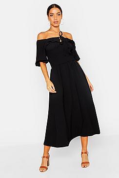 Boohoo Off Shoulder Smocked Waist Maxi Dress