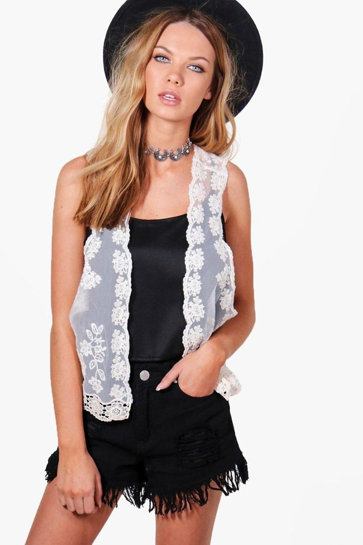 Boohoo Jenny Crochet Sleevless Cardi Ecru