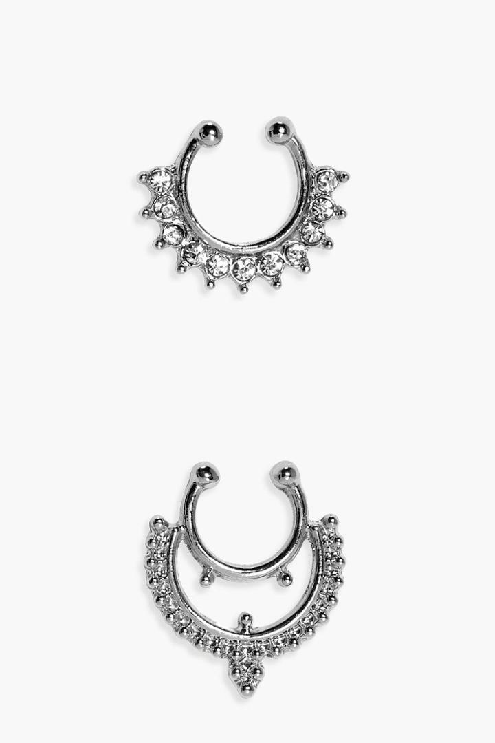 Boohoo Molly Diamante Faux Septum Ring 2 Pack Silver