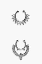Boohoo Molly Diamante Faux Septum Ring 2 Pack Silver