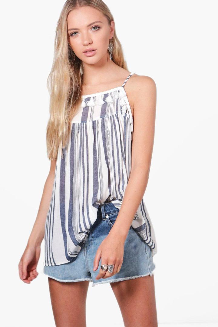Boohoo Holly Stripe Pom Pom Shift Top Multi