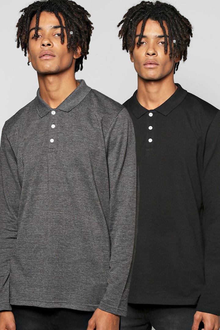 Boohoo Long Sleeve Pique Polo 2 Pack Multi