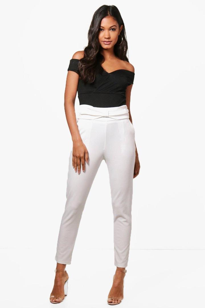 Boohoo Kasi Bow Waist Stretch Skinny Trousers Ivory