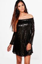 Boohoo Boutique Li Sequin Off Shoulder Shift Dress Black