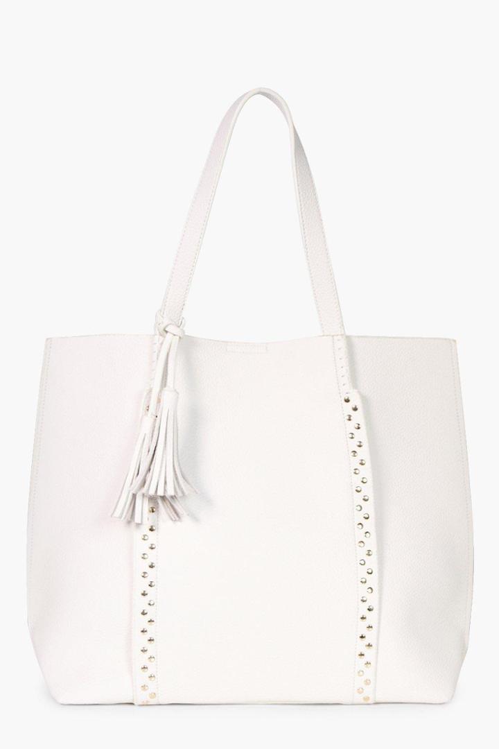 Boohoo Kara Stud & Tassel Shopper White