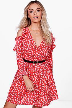 Boohoo Mila Floral Wrap Cold Shoulder Skater Dress