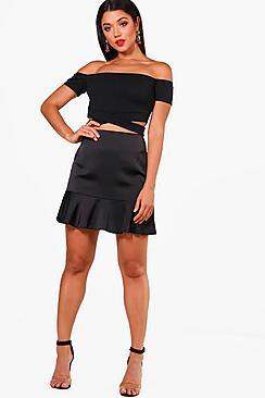 Boohoo Freya Ripple Satin Drop Hem Mini Skirt