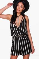 Boohoo Kayla Wrap Over Cami Striped Playsuit Black
