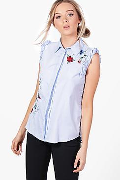 Boohoo Hannah Embroidered Stripe Ruffle Shirt