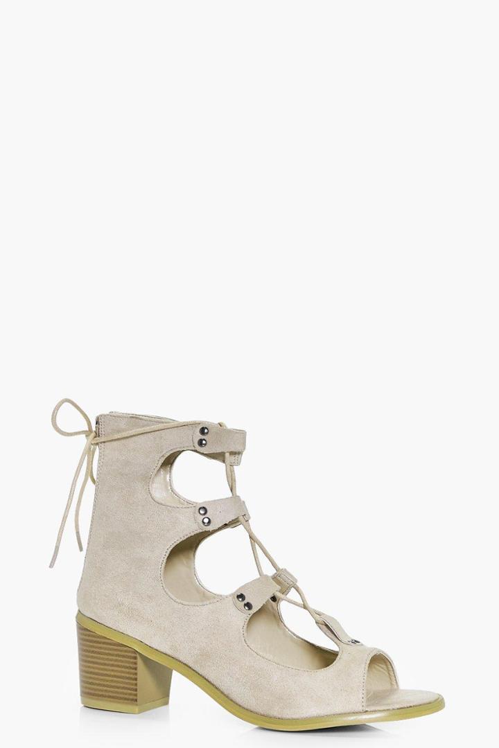 Boohoo Evelyn Lace Up Peeptoe Shoe Boot Cream