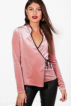 Boohoo Lara Velvet Piped Oriental Blouse