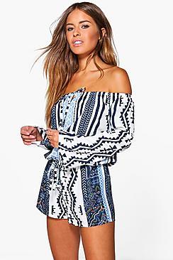 Boohoo Petite Olivia Printed Off The Shoulder Playsuit