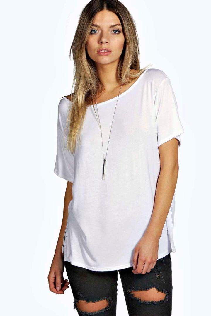Boohoo Holly Slash Neck Oversized Tee White