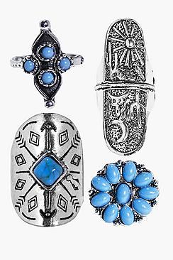 Boohoo Lola Filigree Stone Western 4 Ring Pack