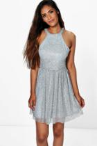 Boohoo Boutique Aly Sequin Dip Hem Skater Dress Silver