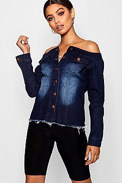 Boohoo Lily Off The Shoulder Stretch Denim Shirt