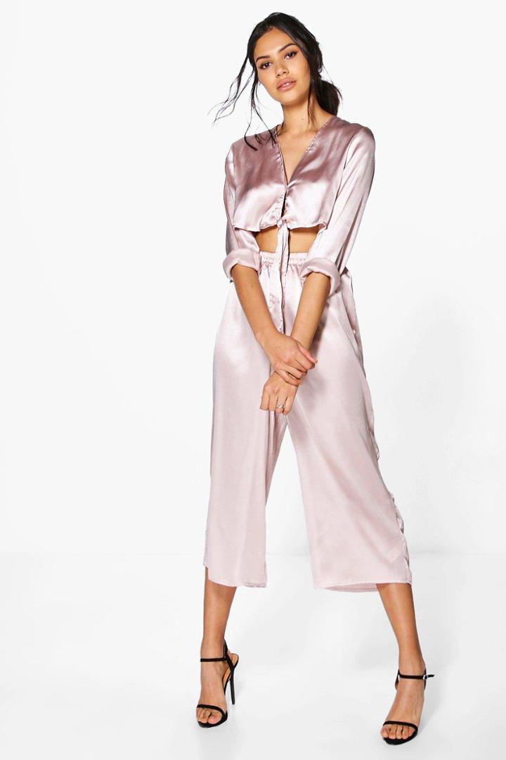 Boohoo Rose Satin Tie Shirt & Culotte Co-ord Mauve