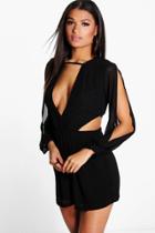 Boohoo Mia Long Sleeve Plunge Cut Out Side Playsuit Black