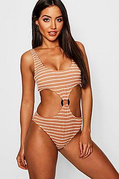 Boohoo Textured Pinstripe Ring Detail Swimsuit