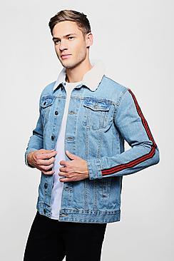 Boohoo Side Stripe Denim Jacket With Borg Collar