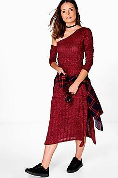 Boohoo Aoife Asymmetric Bardot Ribbed Midi Dress