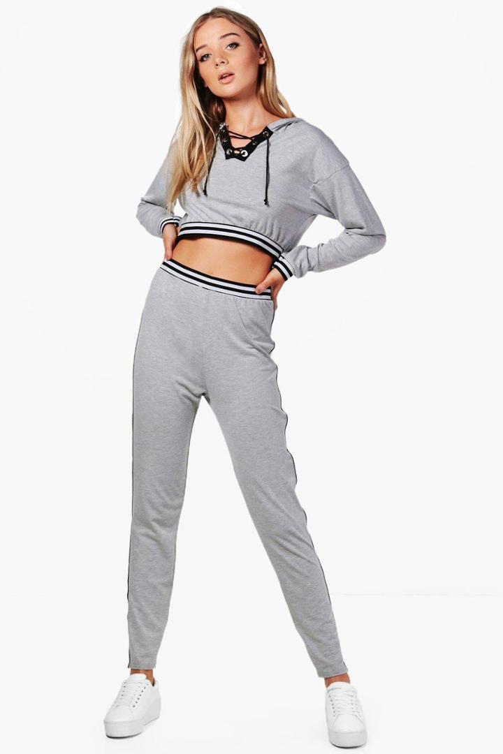 Boohoo Alexia Eyelet Hoddie & Jogger Set Grey