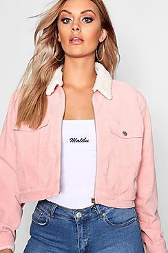 Boohoo Plus Cord Borg Lined Crop Jacket