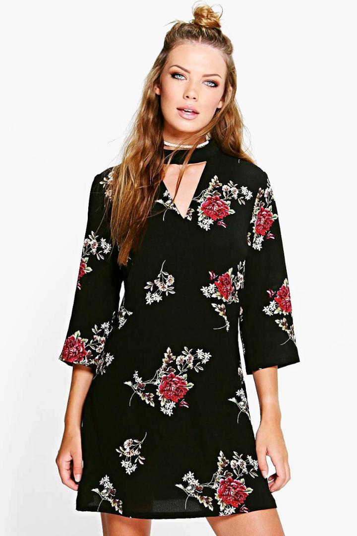 Boohoo Rosie Floral Choker Print Shift Dress Black