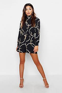 Boohoo Chain Print Turtle Neck Playsuit