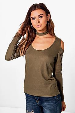 Boohoo Petite Saskia Choker Rib Knit Cold Shoulder Top