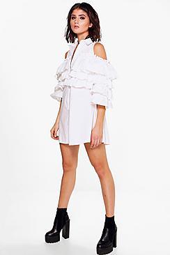 Boohoo Harmony Tiered Ruffle Shirt Dress